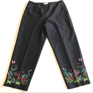 Allison Taylor Silk Blend Floral Embroidered Pants Sz 10 Black FLAW